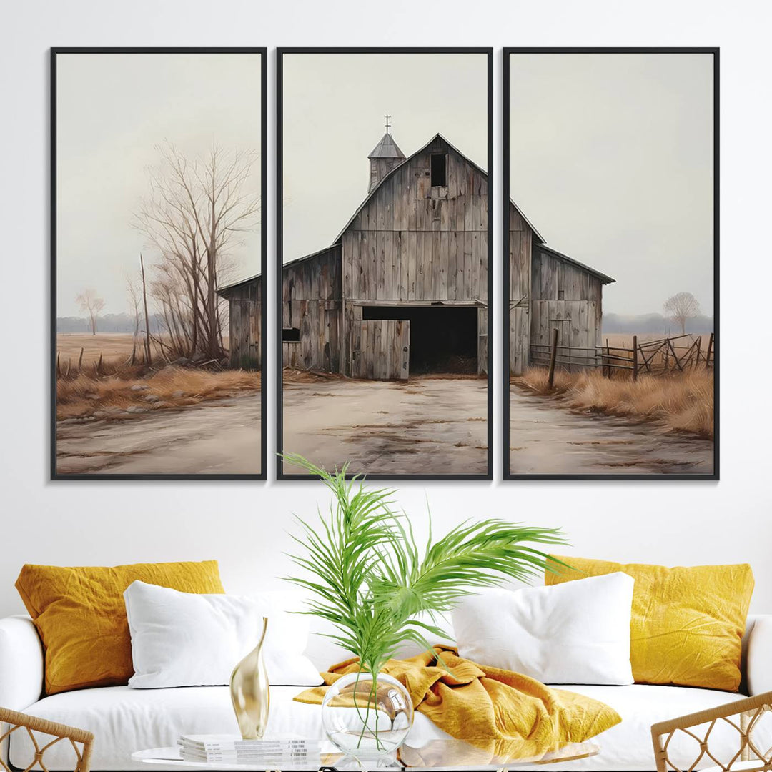 The Farmhouse Rustic Barn Wall Art Canvas Print, framed and ready to hang, enhances the farmhouse décor.