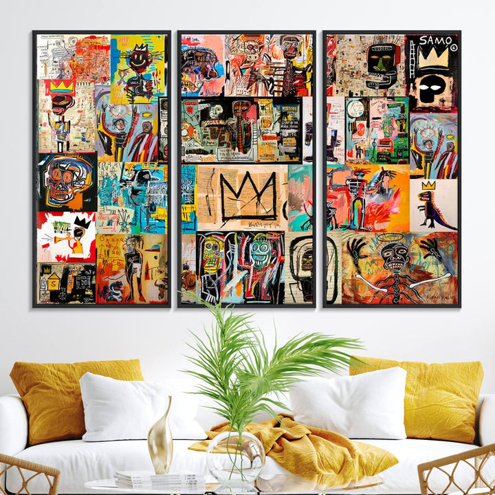 A Basquiat graffiti-style collage adorns the wall.