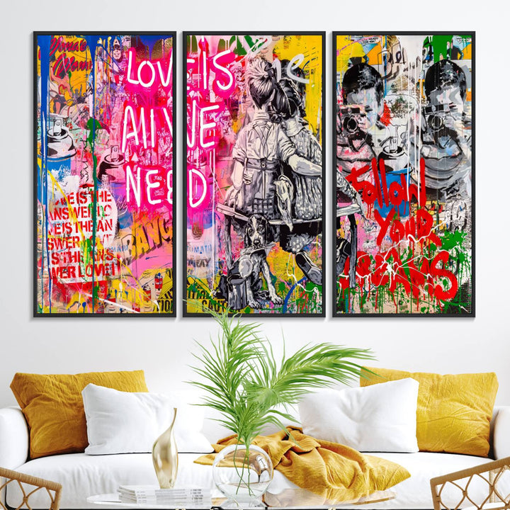 A vibrant and dynamic triptych features distorted horizontal lines, resembling graffiti street art. This artwork conveys the themes of "Follow Your Dreams" and "Love is All We Need" across three colorful panels.