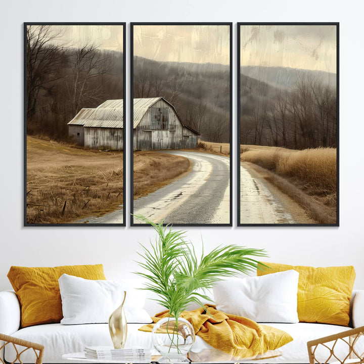 The wall exudes rustic charm, highlighted by the Vintage Barn Farmhouse Wall Decor Canvas Print.