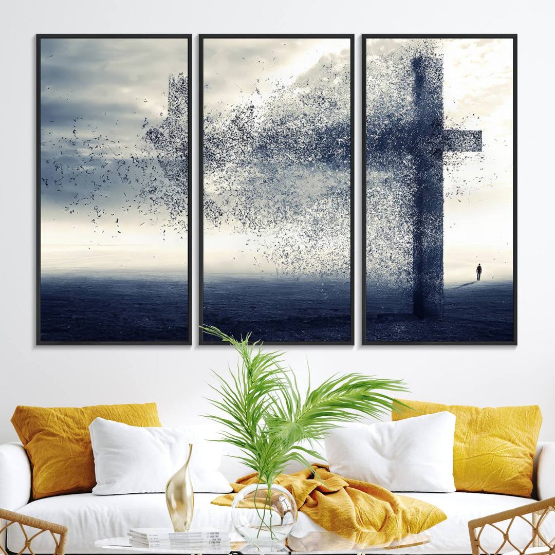 The Jesus and the Fading Cross wall art portrays a moody landscape.