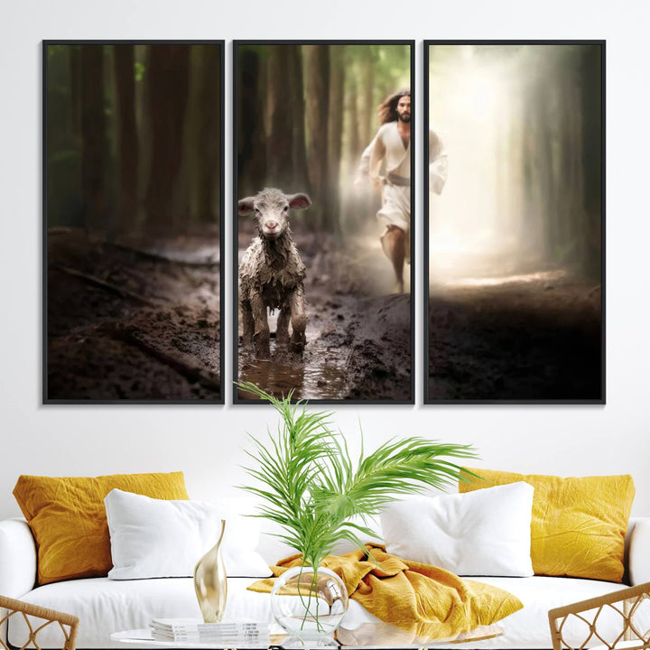 The Jesus Running After Lost Lamb canvas wall art adds a touch of spiritual significance.