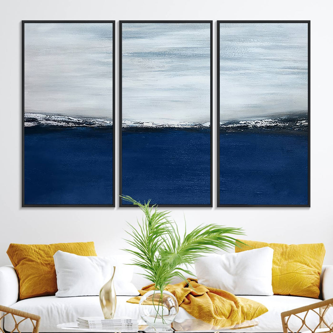 A Navy Blue Abstract Wall Art Canvas Print is displayed above the backsplash.