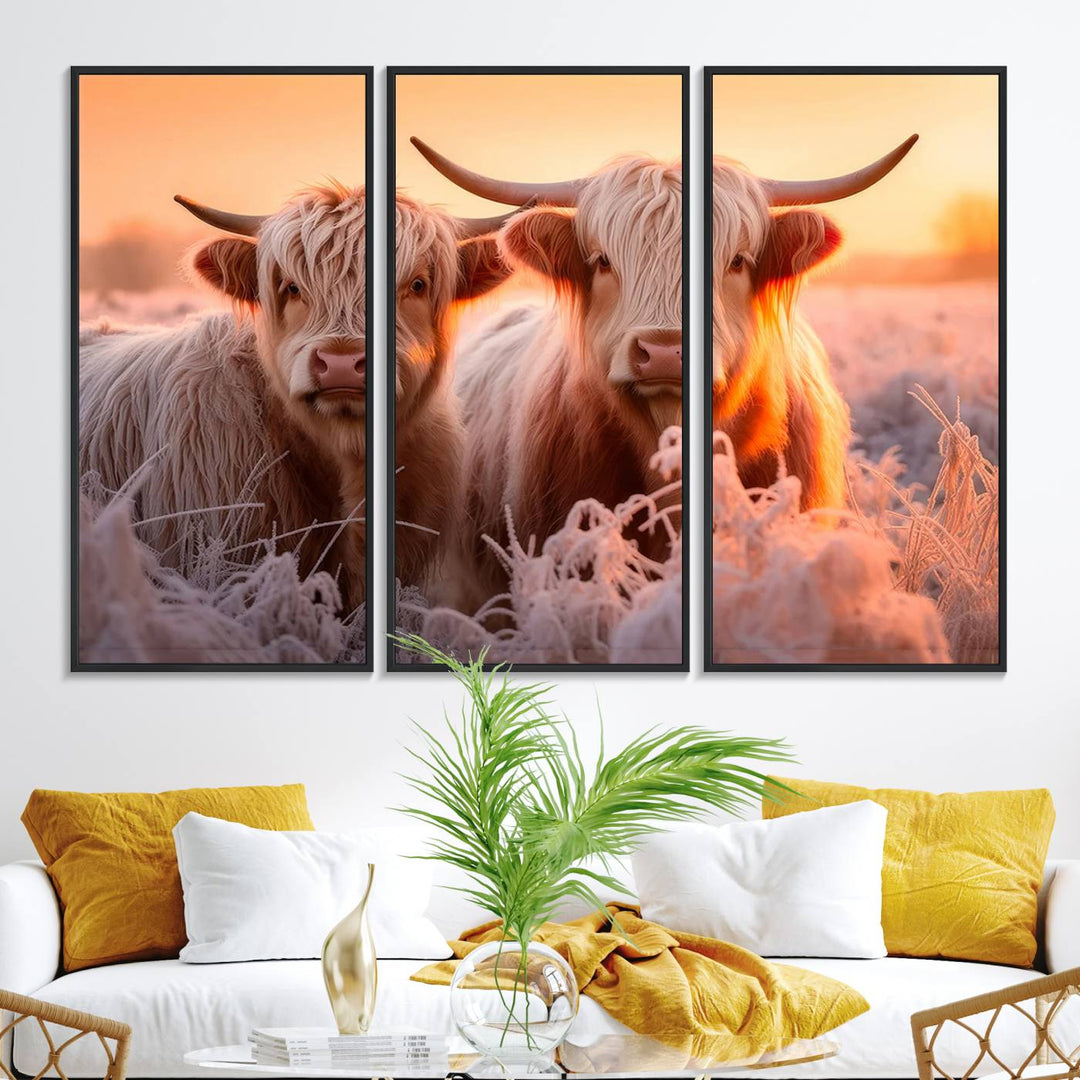 Highland Cows at Sunrise Wall Art adds serene rustic farmhouse charm.