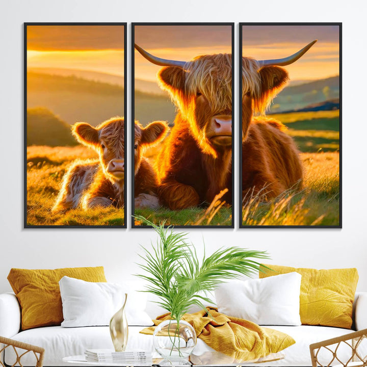 The Scottish Cow and Baby Cow Canvas Wall Art captures sunset fields.