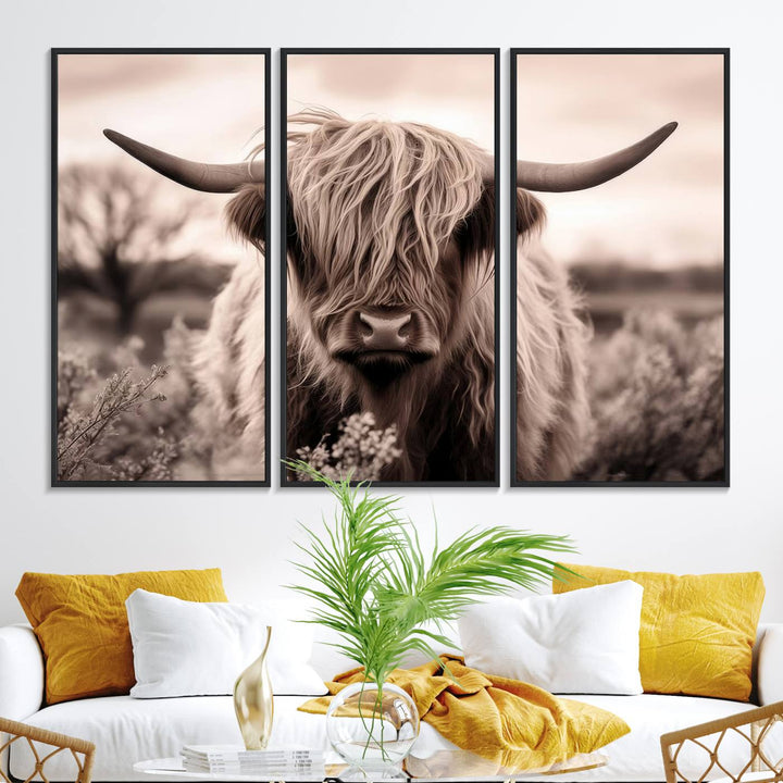 The Scottish Cow Longhorn Wall Art Canvas Print adds charm to the kitchen.