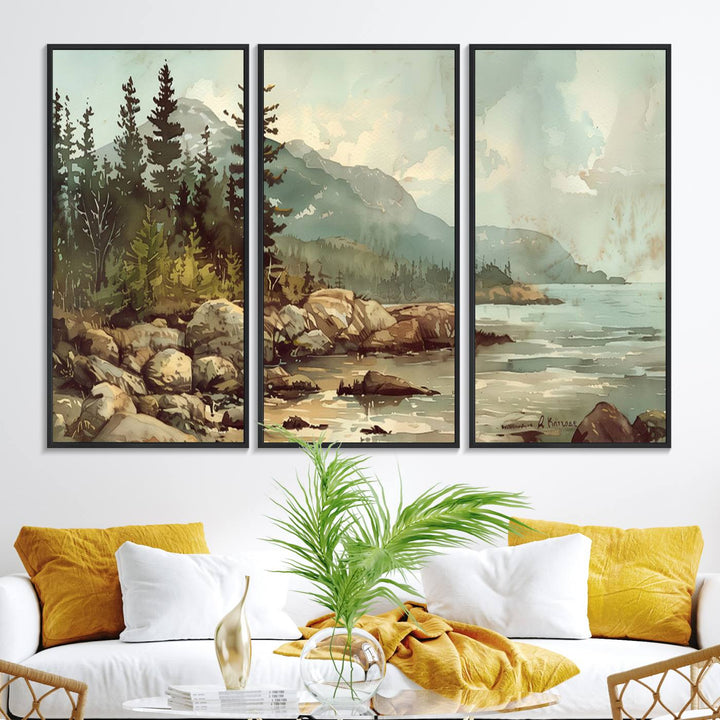 Framed Abstract Acadia National Park wall art, depicting a rocky coastline with trees and mountains, ready to hang.