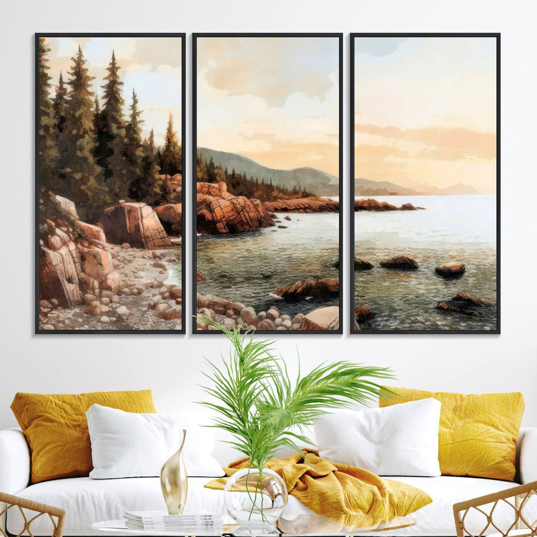 The Serene Coastal View of Acadia National Park 3-panel canvas, framed and ready to hang, adorns the wall.