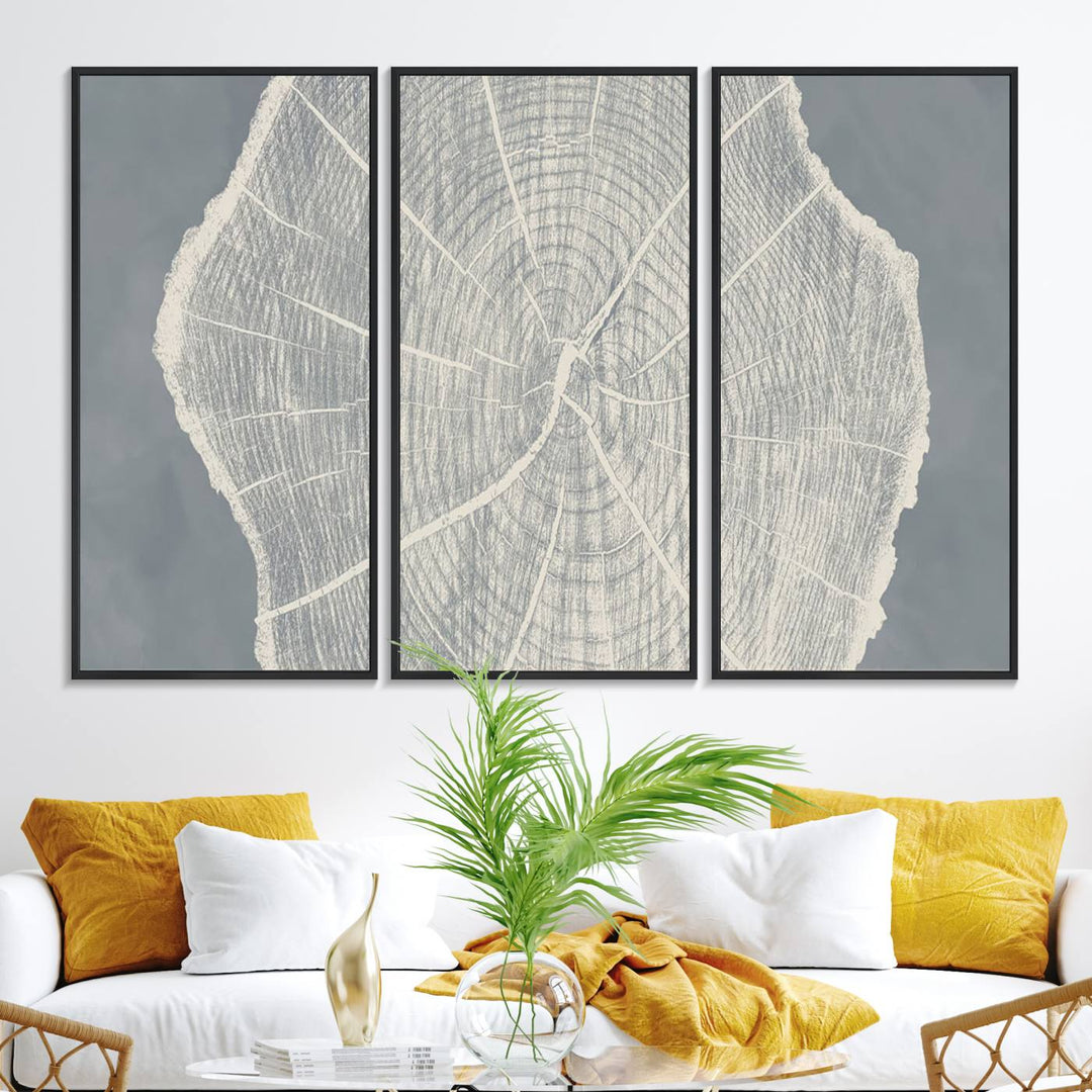 A gray wall displays the Abstract Tree Ring Wall Art print.