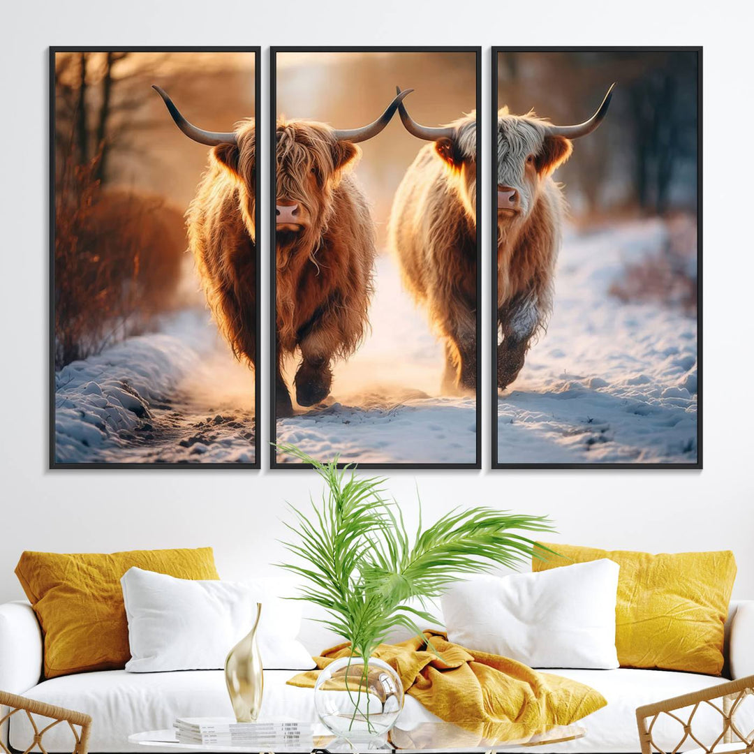 The wall art is a Scottish Highland Cow Horn canvas print featuring cows on a snowy path bathed in warm sunlight, serving as a rustic decor piece.