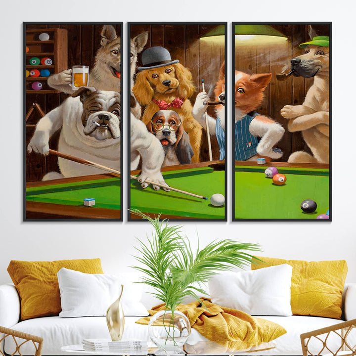 Dogs Playing Pool Canvas Wall Art: This artwork depicts a room where dogs are engaged in a game of pool. One dog is poised to cue while others observe the scene.