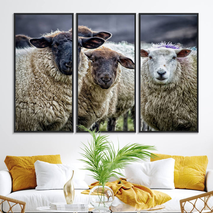 The Charming Sheep Portrait Wall Art hangs on a wooden wall.