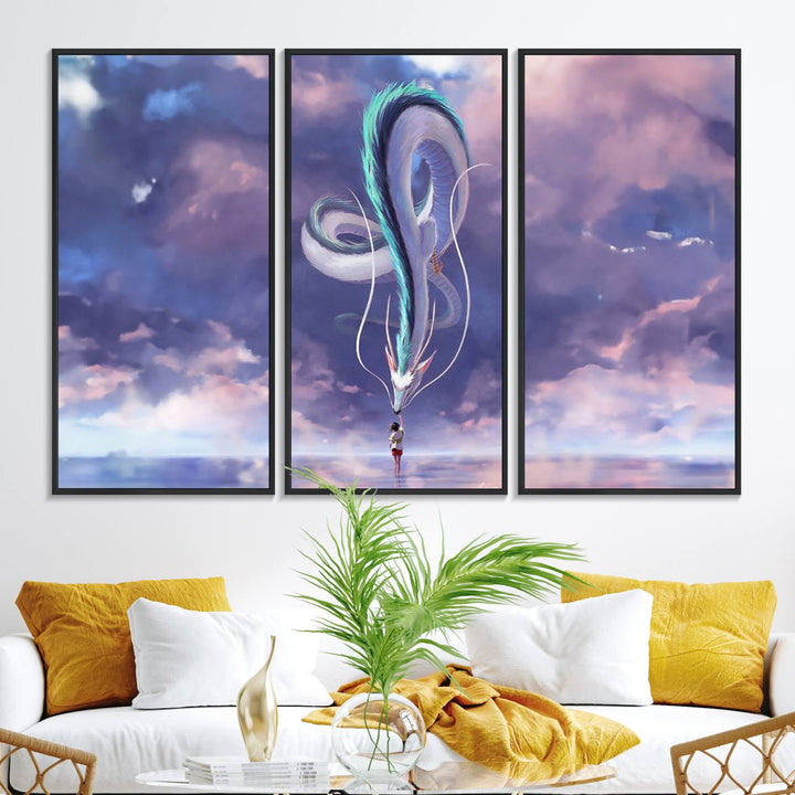 The Spirited Away Haku and Chihiro poster captures a cherished scene for anime lovers under a colorful, cloudy sky.