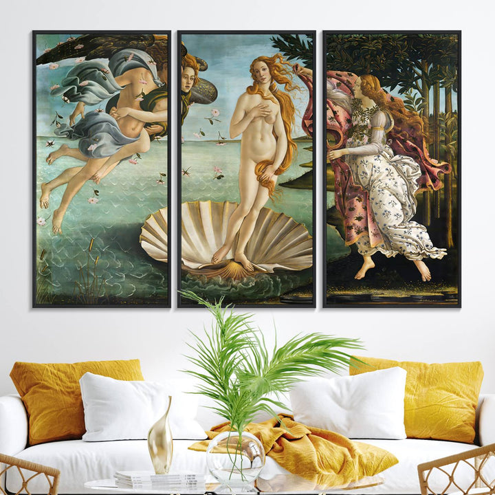 A canvas print of Botticellis The Birth of Venus is displayed on the wall.