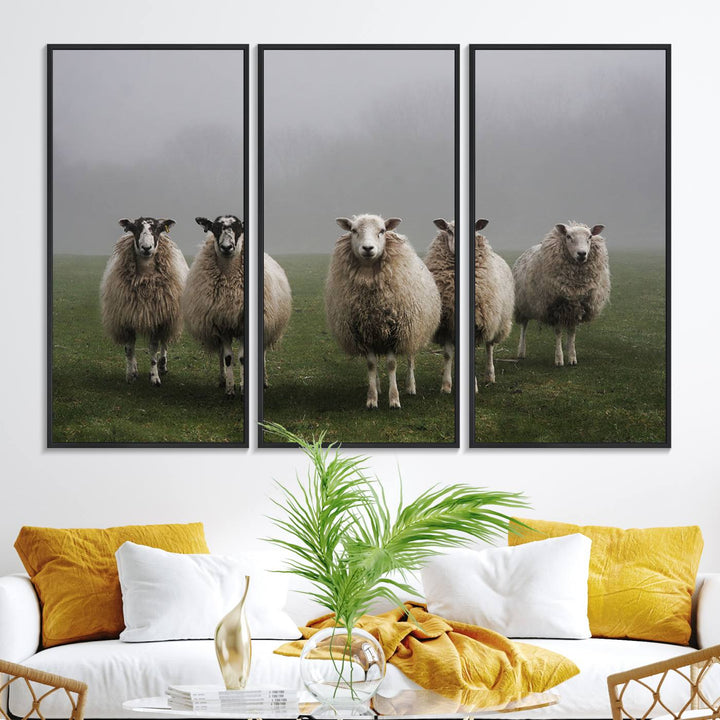 The Flock of Sheep in a Mystical Fog canvas print is framed and ready to hang.