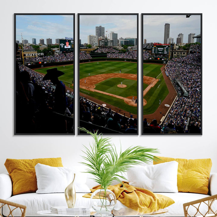 Admire this museum-quality canvas print of a Chicago Cubs game with a cityscape view from the stands at Wrigley Field.