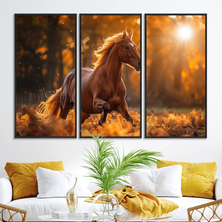 The Running Horse Sunset Forest Wall Art Canvas Print showcases a gallop in an autumn forest with sunlight streaming through the trees.