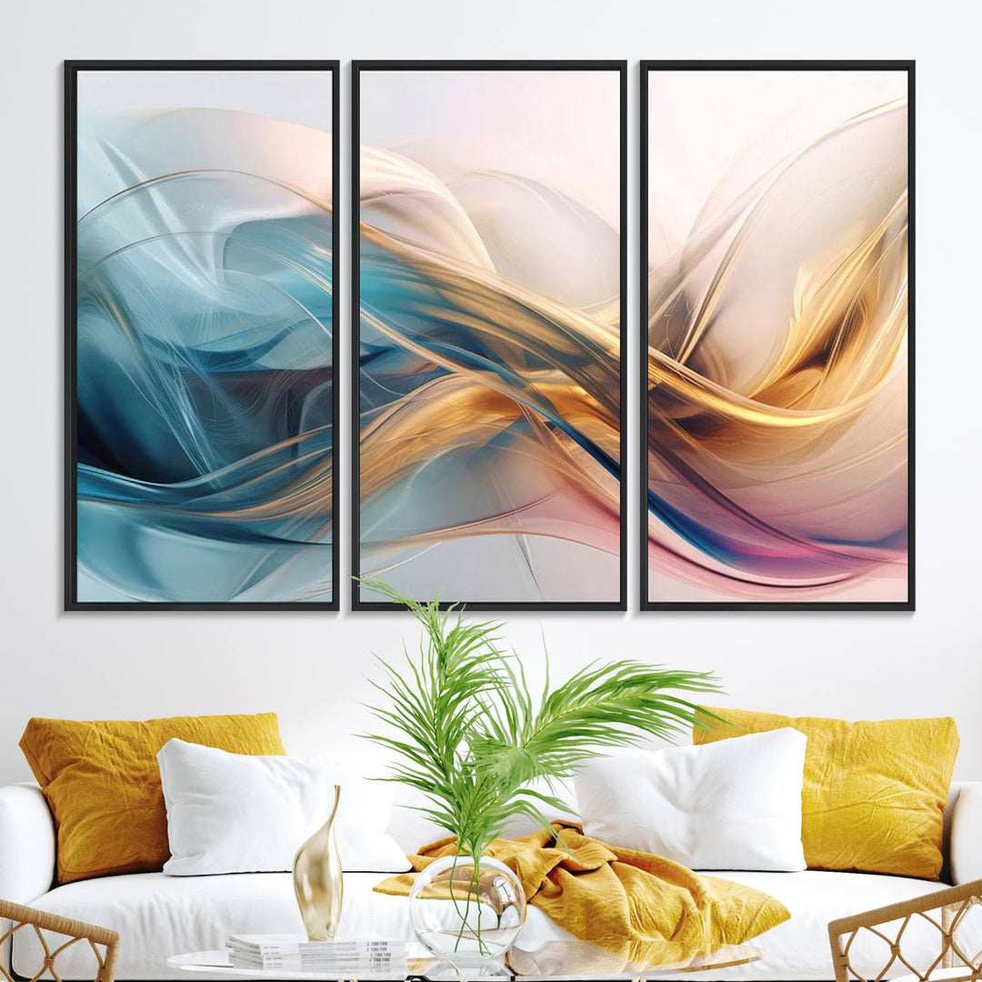 Abstract Flowing Colors Wall Art featuring blue, gold, and pink adds modern elegance to the space.