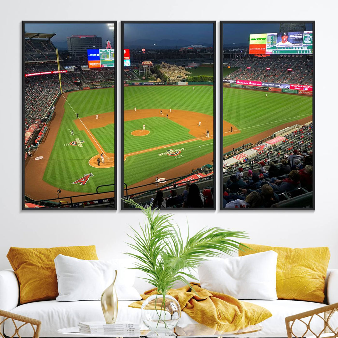 The Angel Stadium Aerial View canvas print of an Angels baseball game is showcased.