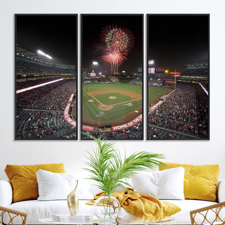 Fireworks at Angel Stadium – LA Angels Night Game Canvas Print, framed and ready to hang.