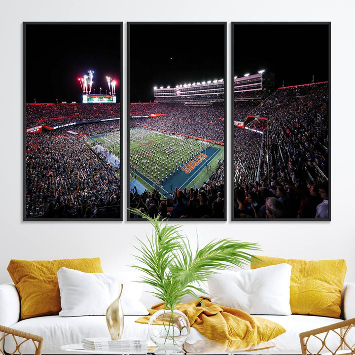 The Gators Night Game Canvas Art captures a lively night at Ben Hill Griffin Stadium with vibrant fireworks and the energy of a live band.