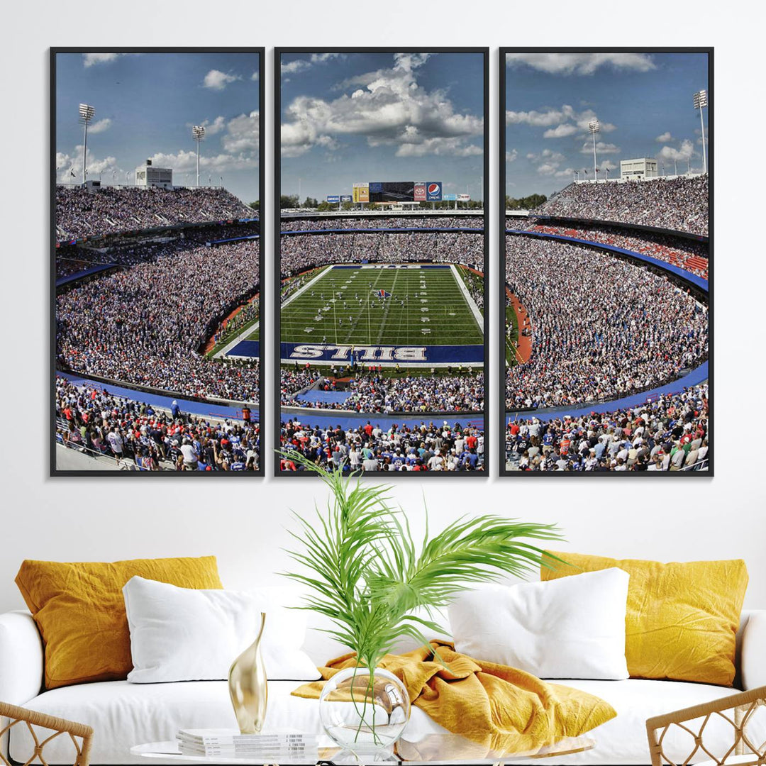 Our Buffalo Bills Game Day Canvas captures a vibrant scene at Highmark Stadium, with a lively crowd under a partly cloudy sky.