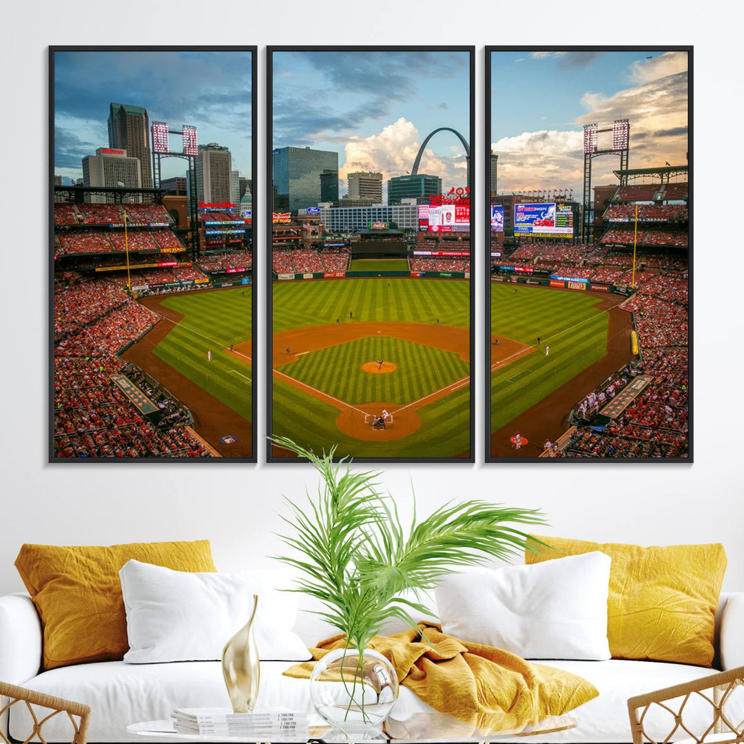 A Busch Stadium canvas print featuring a cityscape, ideal for enhancing living room or man cave sports decor.