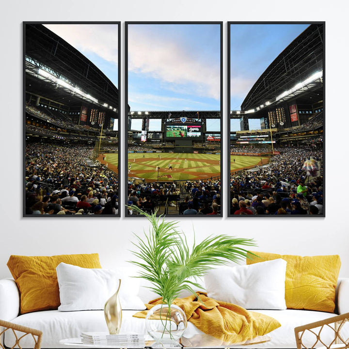 The wall art is an Arizona Diamondbacks Baseball Print depicting a packed Chase Field Stadium under a clear blue sky.