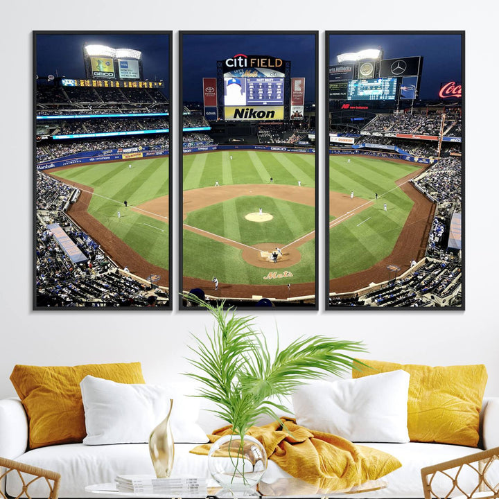 The wall is adorned with a 3-panel Citi Field Wall Art Print, framed for sports-themed decor.