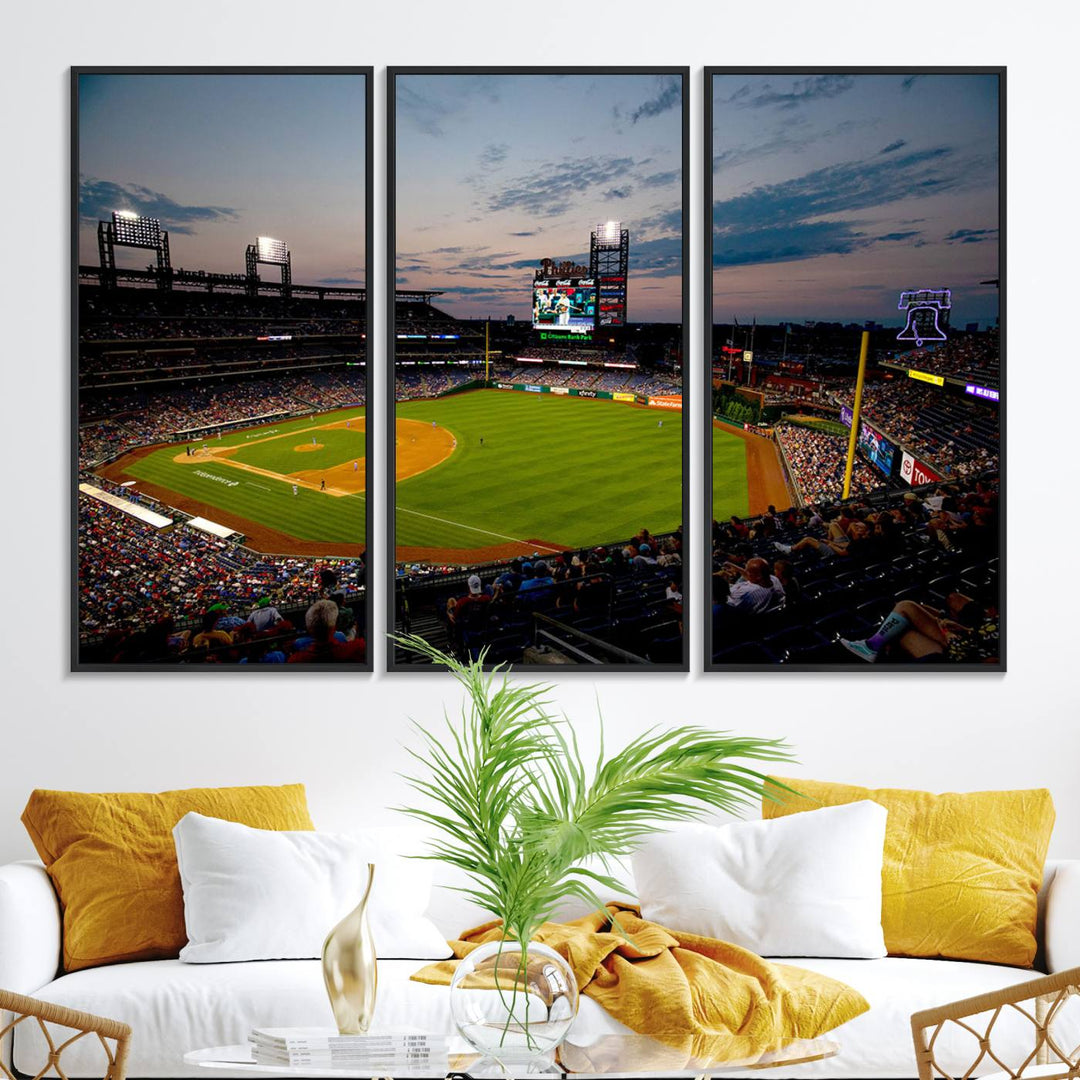 A wall art piece depicting the Philadelphia Phillies Citizens Bank Park Stadium at dusk.