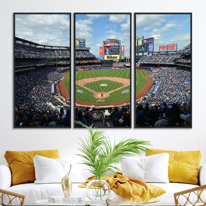 A wall art piece featuring a New York Mets Baseball Team print of Citi Field during a thrilling game under a blue sky.