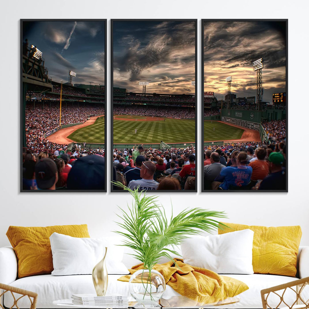 Boston Red Sox canvas print of Fenway Park at sunset, ideal for sports fans.