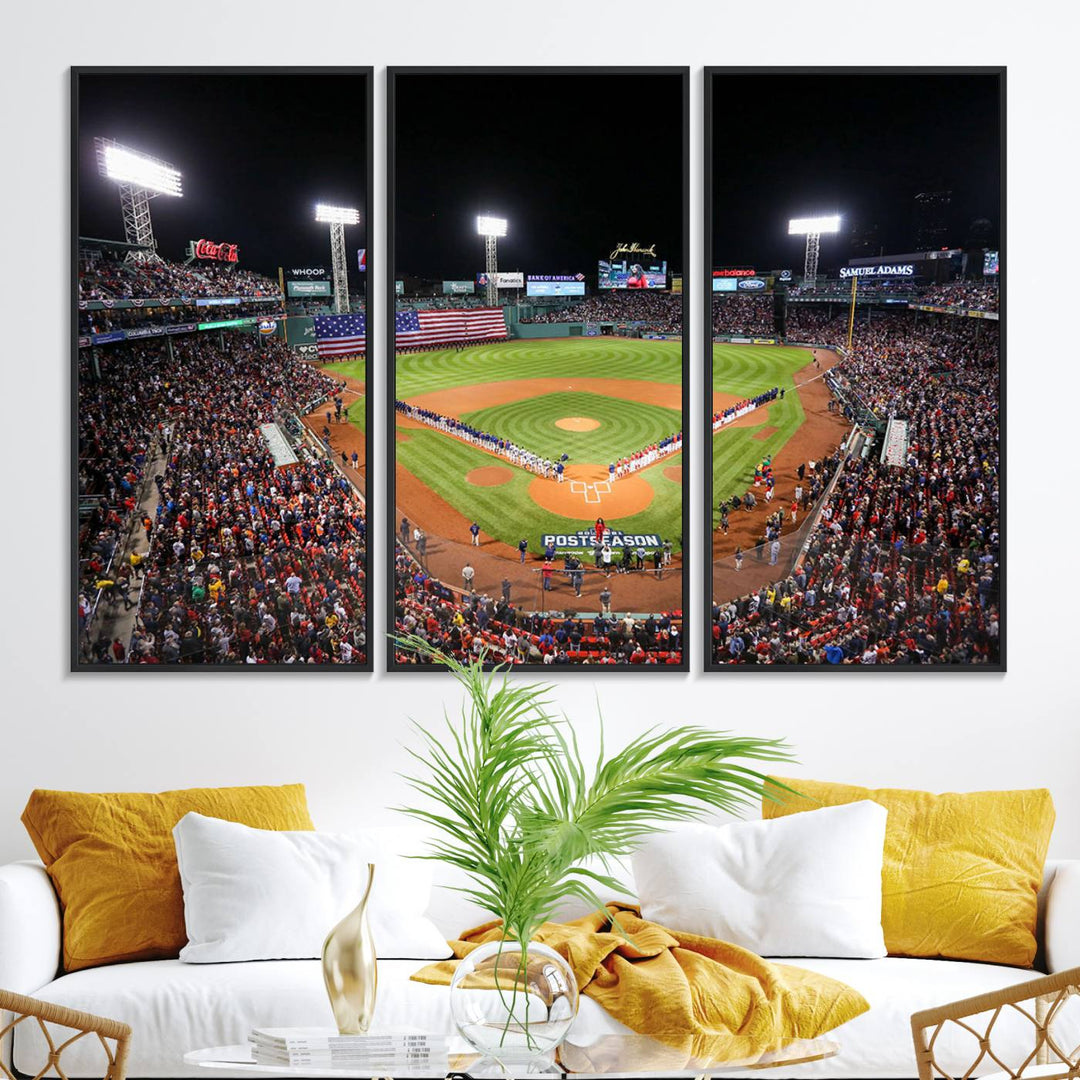 The Fenway Park Wall Art Canvas Print showcases a stunning aerial view of Bostons iconic ballpark at night, making it an ideal piece for any Red Sox enthusiast.