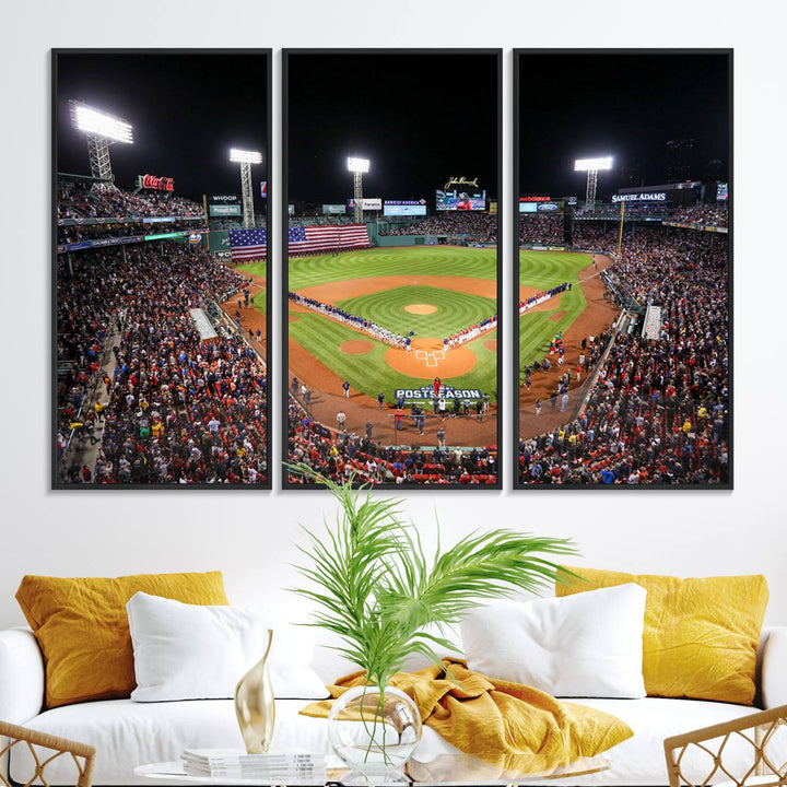 The Fenway Park Wall Art Canvas Print showcases a stunning aerial view of Bostons iconic ballpark at night, making it an ideal piece for any Red Sox enthusiast.