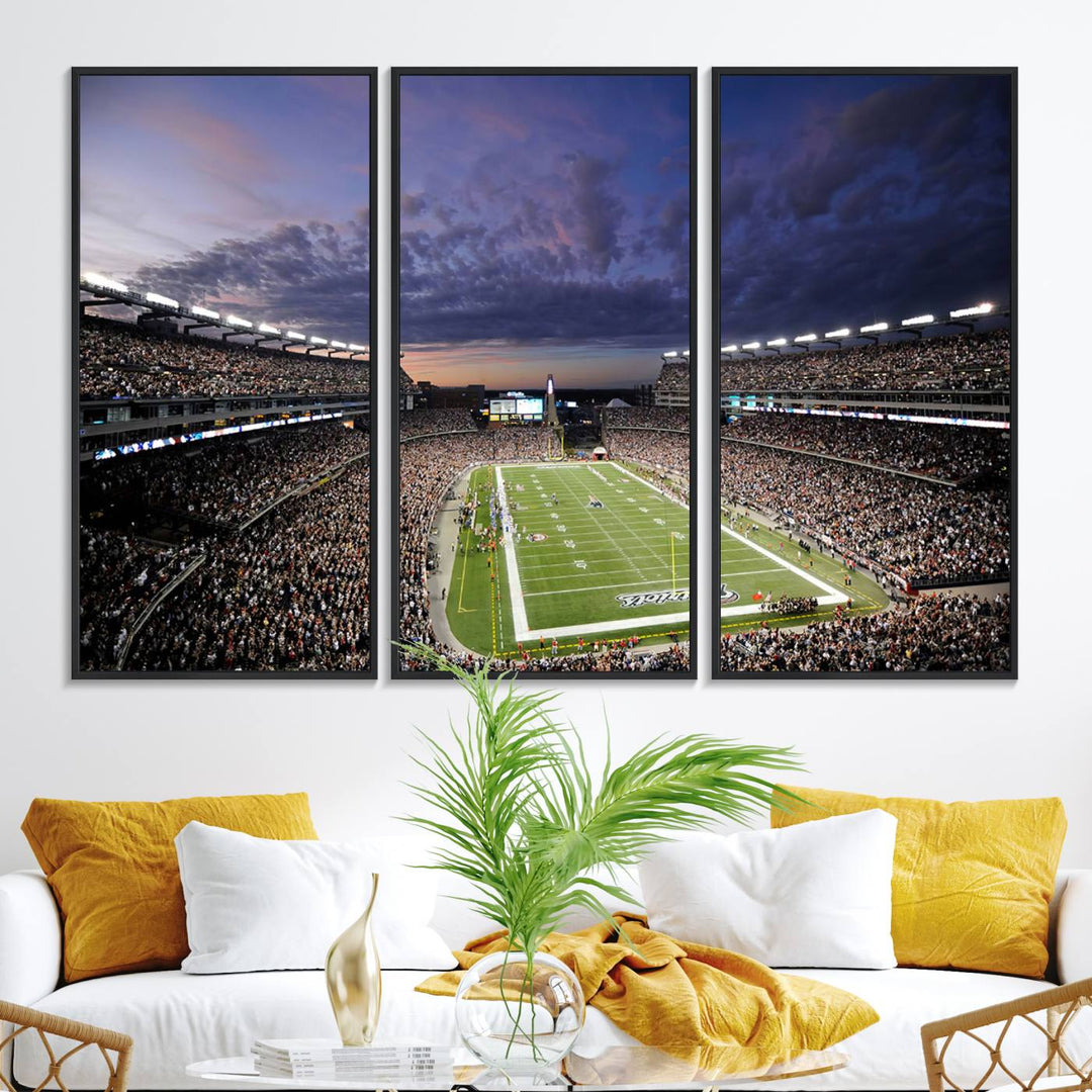 A large New England Patriots Foxborough Gillette Stadium wall art canvas print at sunset.