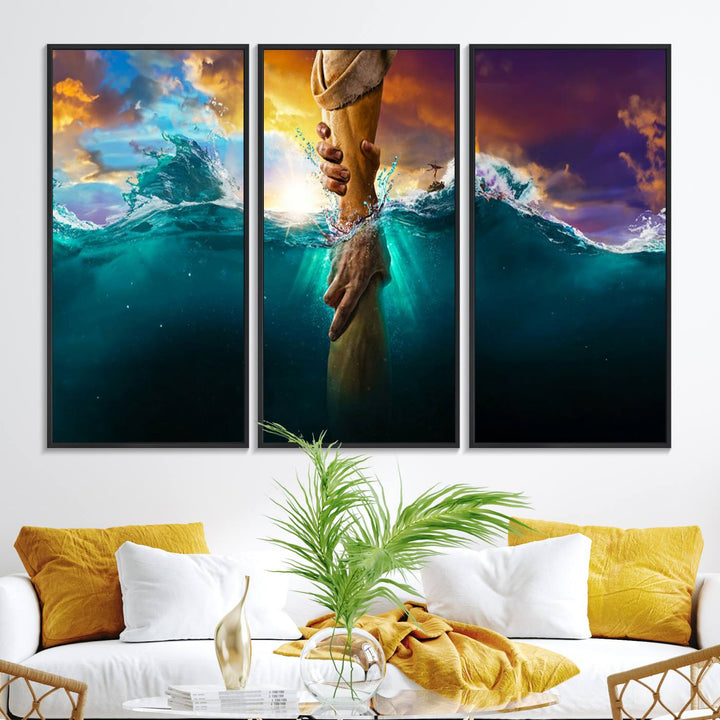 The God Hand Wall Art Canvas Print depicts hands reaching through water against a vibrant sky.