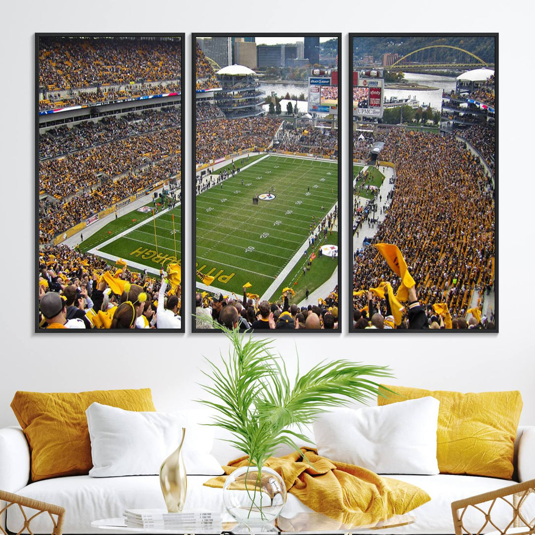 Heinz Field wall art and a cityscape serve as the backdrop.