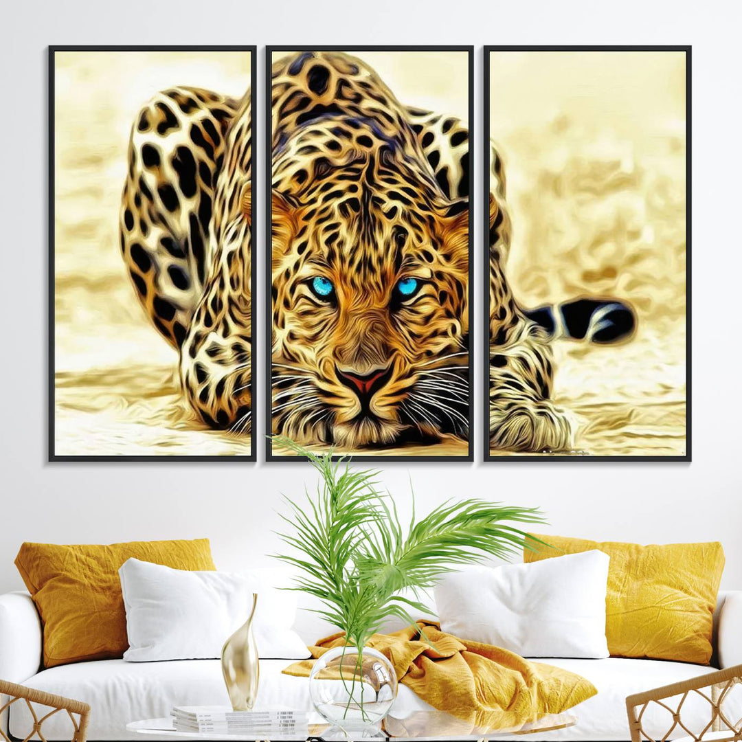 The Blue-Eyed Leopard Canvas Wall Art features a fierce and captivating design, perfect for wildlife enthusiasts. Its bold imagery makes it a striking decor piece, ready to hang.