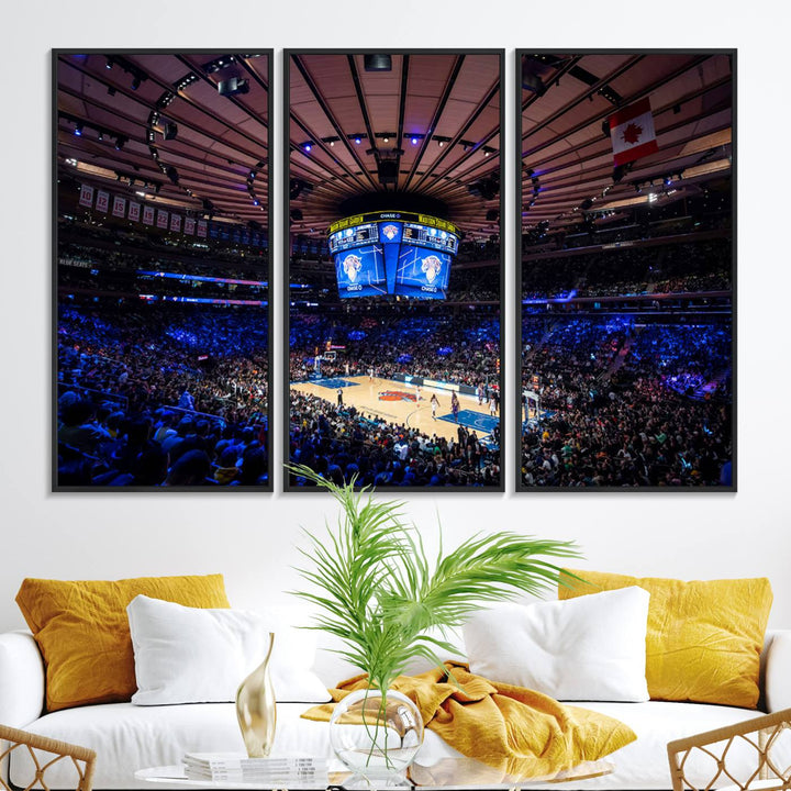 A print depicting an NBA game at Madison Square Garden, highlighting the scoreboard.