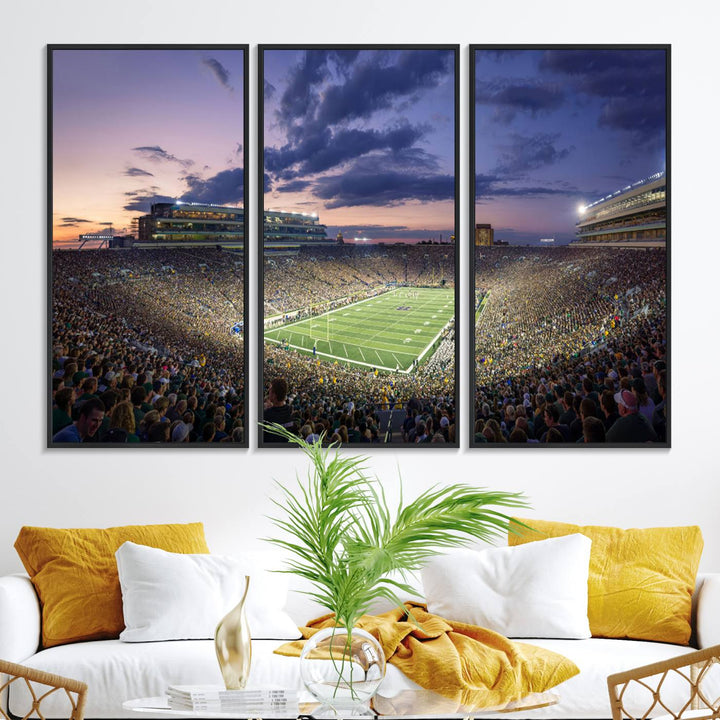 As the sun sets, a stunning backdrop highlights the Notre Dame Fighting Irish Football Team Print.