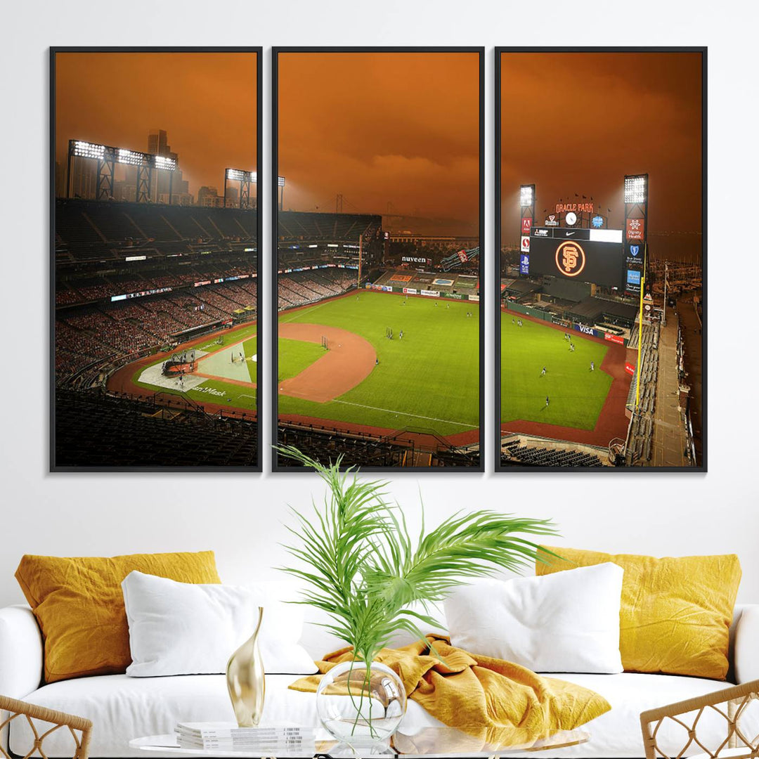 A canvas depicting an Oracle Park game with an orange sky, from SF Giants Stadium Wall Art.