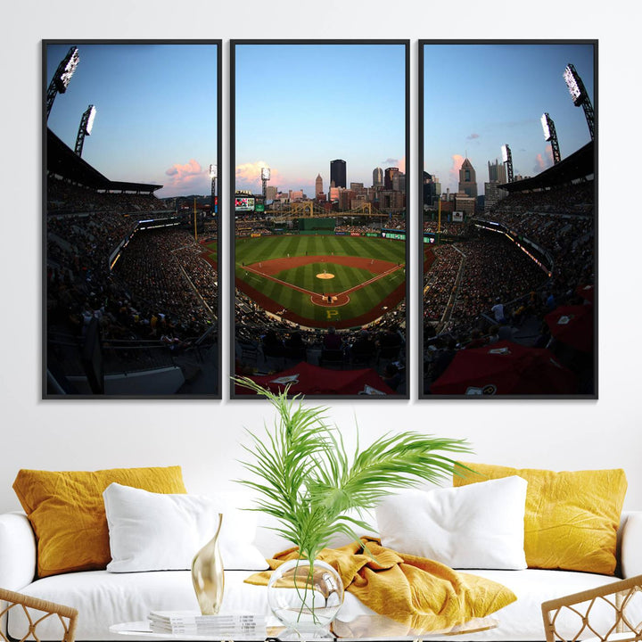 The PNC Park Evening Game Canvas, featuring a skyline backdrop, is displayed on the wall.