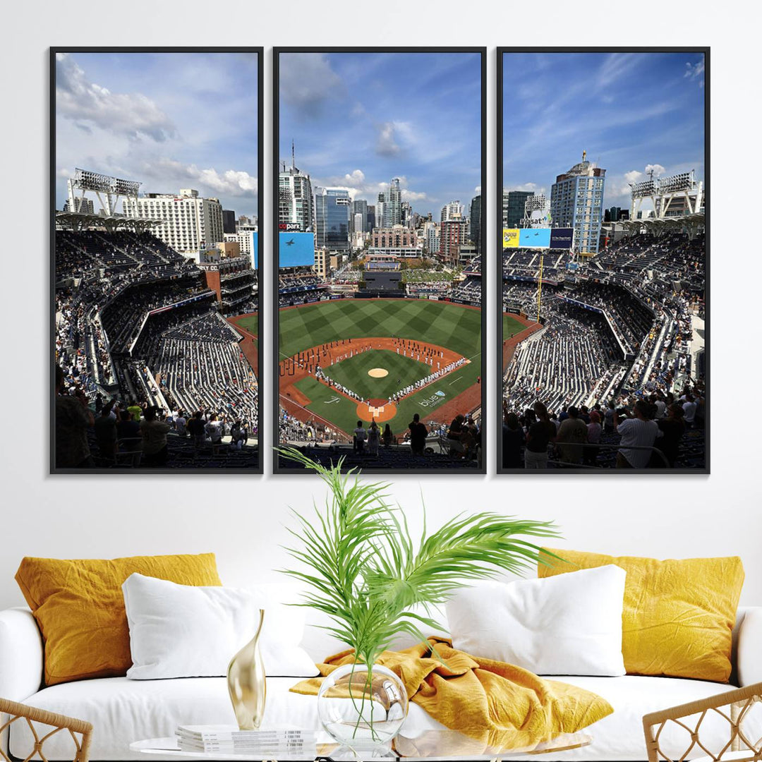 The San Diego Padres Baseball Canvas Print of Petco Park enhances the modern kitchen-dining area.