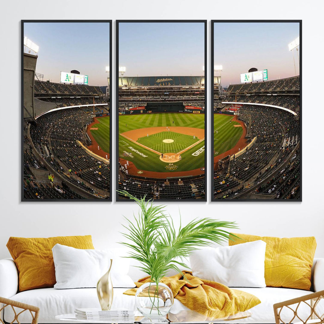 Oakland Athletics wall art canvas featuring the interior of RingCentral Coliseum Stadium.