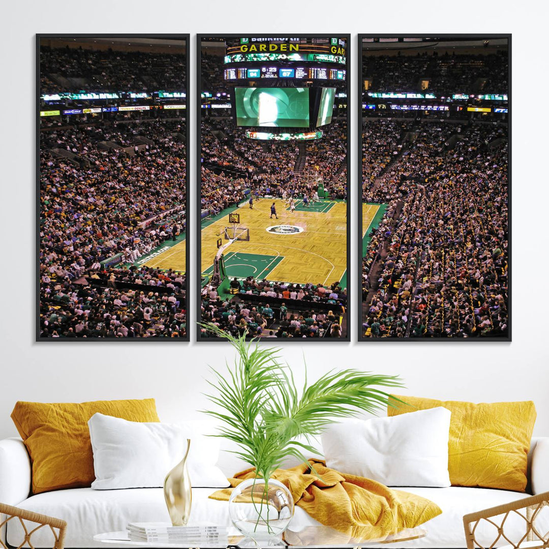 A vibrant depiction of a TD Garden basketball game is beautifully captured in the Boston Celtics Triple Canvas Wall Art, which comes framed and ready to hang.