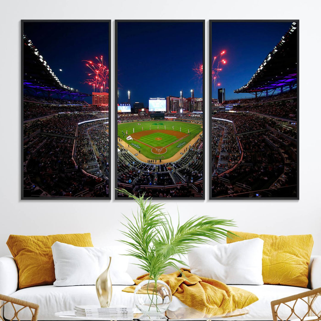 Truist Park wall art: fireworks over a Braves crowd, a large 3-panel canvas, framed and ready-to-hang.