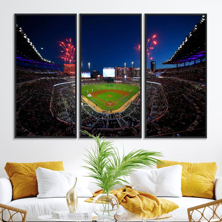 Truist Park wall art: fireworks over a Braves crowd, a large 3-panel canvas, framed and ready-to-hang.