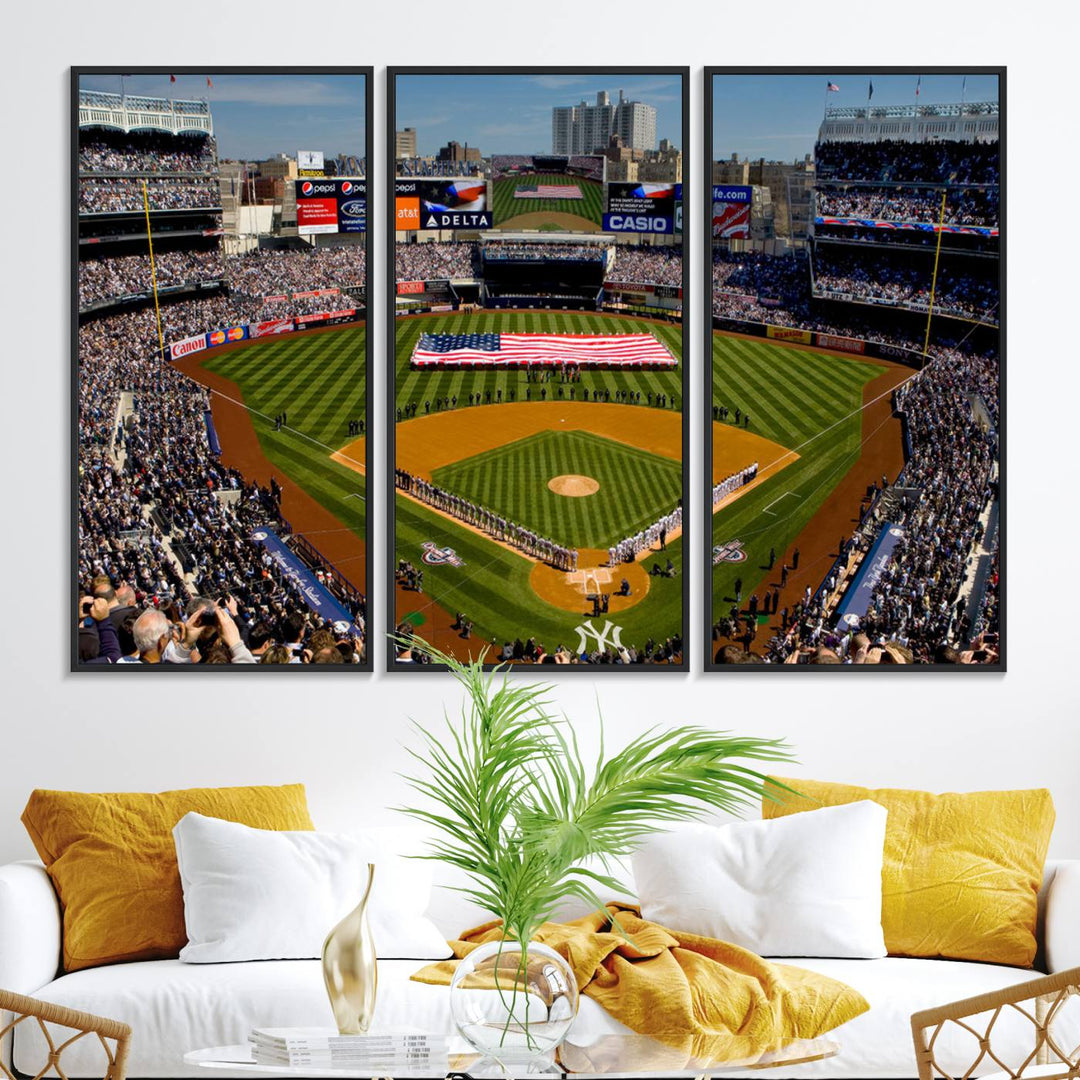 The Yankee Stadium New York wall art print features a vibrant scene of baseball fans with a large flag and players, expertly capturing the spirit of the game. This ready-to-hang décor is perfect for adding a dynamic touch to any space.