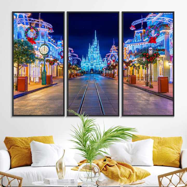 Disney wall art featuring a fantasy castle street at night.