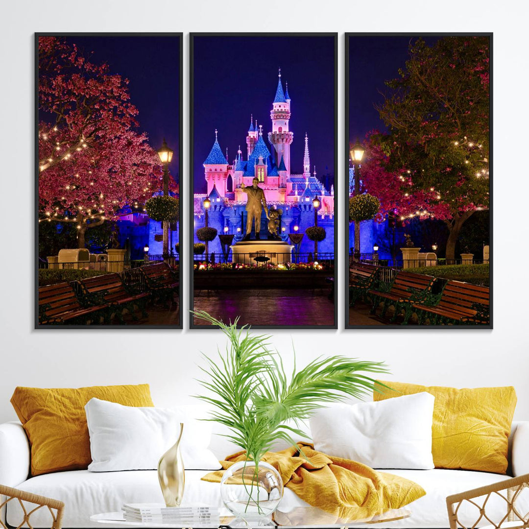 The Castle Large Wall Art is surrounded by illuminated trees at night.